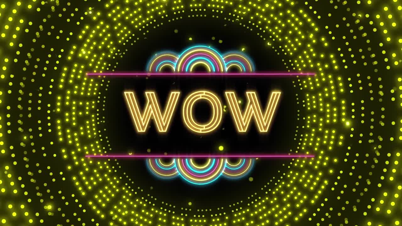 박이는 노란색 빛 패턴 위에 와우 텍스트의 애니메이션