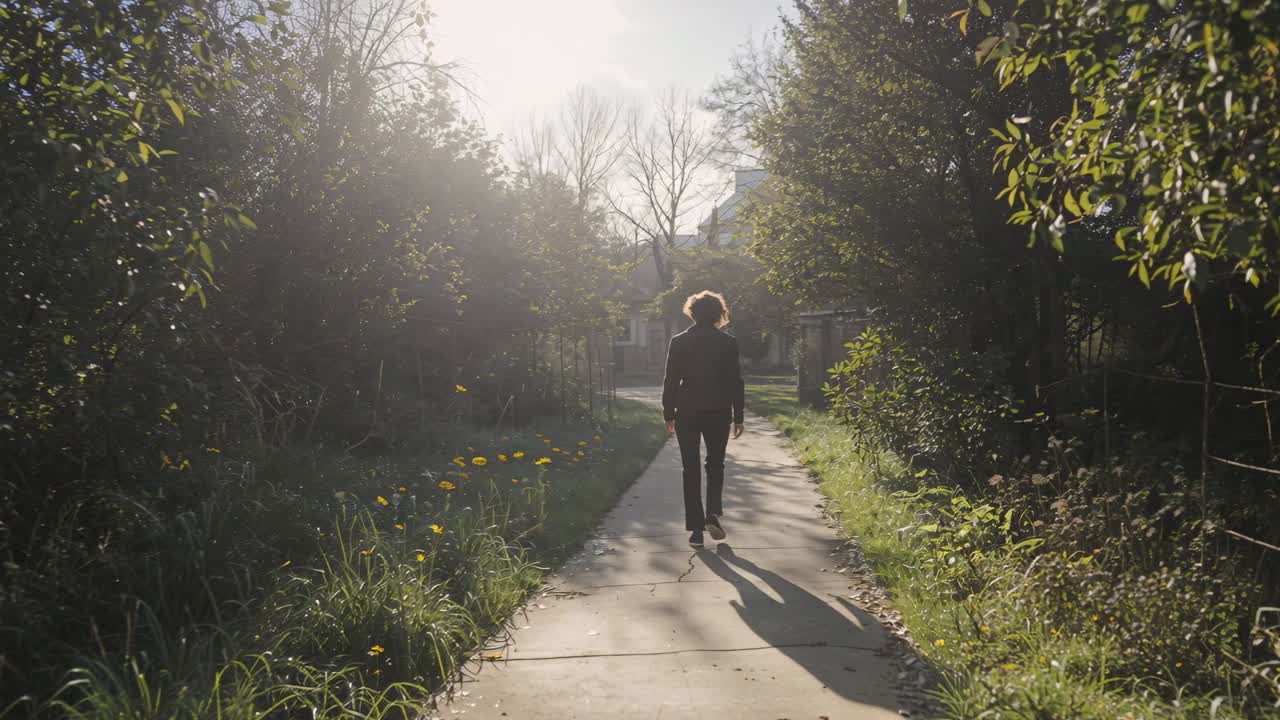 Sunlight guiding woman wearing dark jacket walking toward house on concrete path, passing flowers