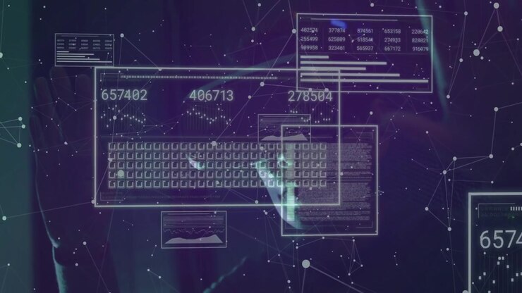 Man observing interface panels forming, data streams updating panels and keyboard for tech analysis