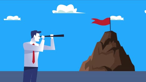 elegant businessman worker with telescope and success flag in mountain