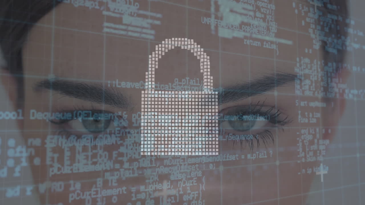 animación del procesamiento de datos sobre la mujer caucásica y el candado