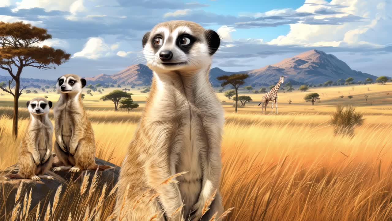 Wide-angle video shot of meerkats in a savannah landscape, capturing a panoramic view with vibrant