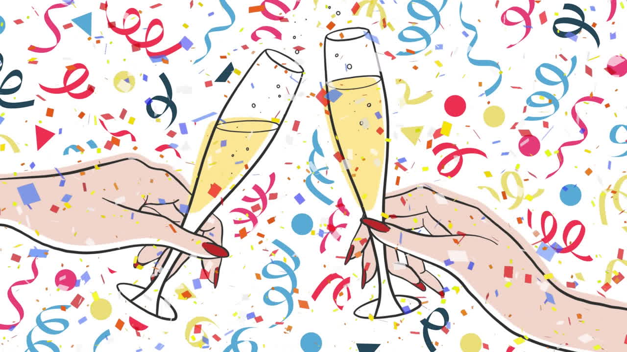 ⁇ 색 바탕에  ⁇ 페인과 콘페티가 있는 손의 애니메이션