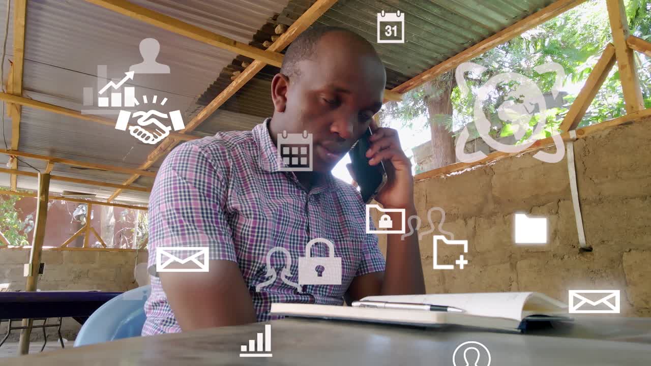 diseño gráfico futurista de un hombre que usa el teléfono