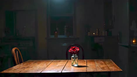 single red rose in a glass vase sits on a rustic wooden table in a dimly lit kitchen, illuminated by a single light source, creating a poignant atmosphere of love, loss, or remembrance