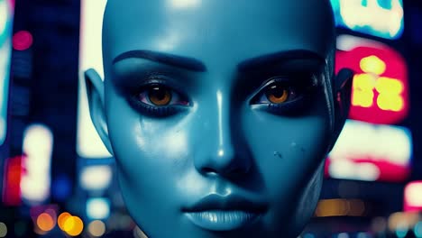 close-up portrait of a blue-skinned woman with glowing eyes in a cyberpunk city