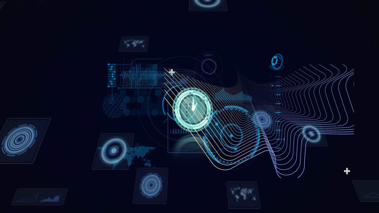 Animation of clock, scopes scanning and data processing over screens on dark background