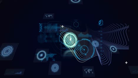 animation of clock, scopes scanning and data processing over screens on dark background