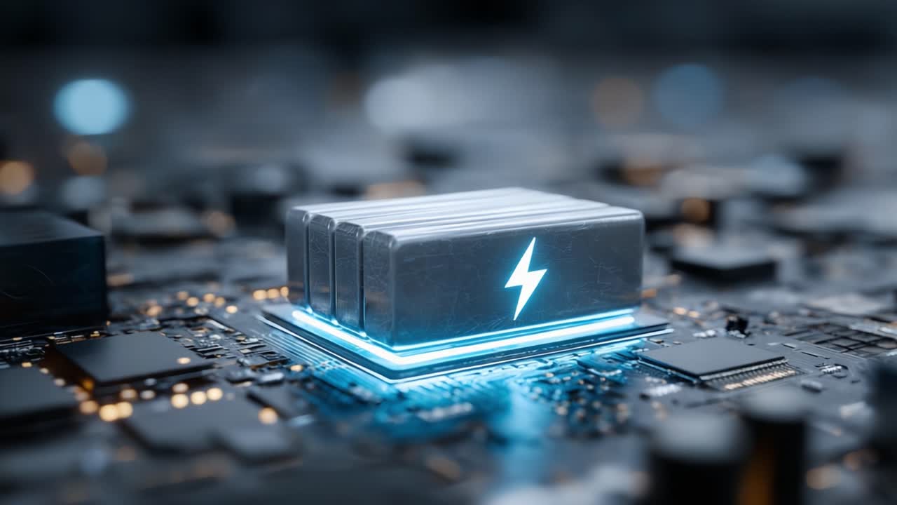 A close-up view of a modern electronic component on a circuit board, showcasing a glowing battery module surrounded by intricate circuitry, symbolizing advanced technology and power