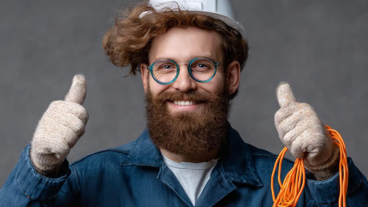 A cheerful construction worker with a hard hat and gloves, confidently giving a thumbs up while holding a bundle of electrical cords, showcasing enthusiasm for his work