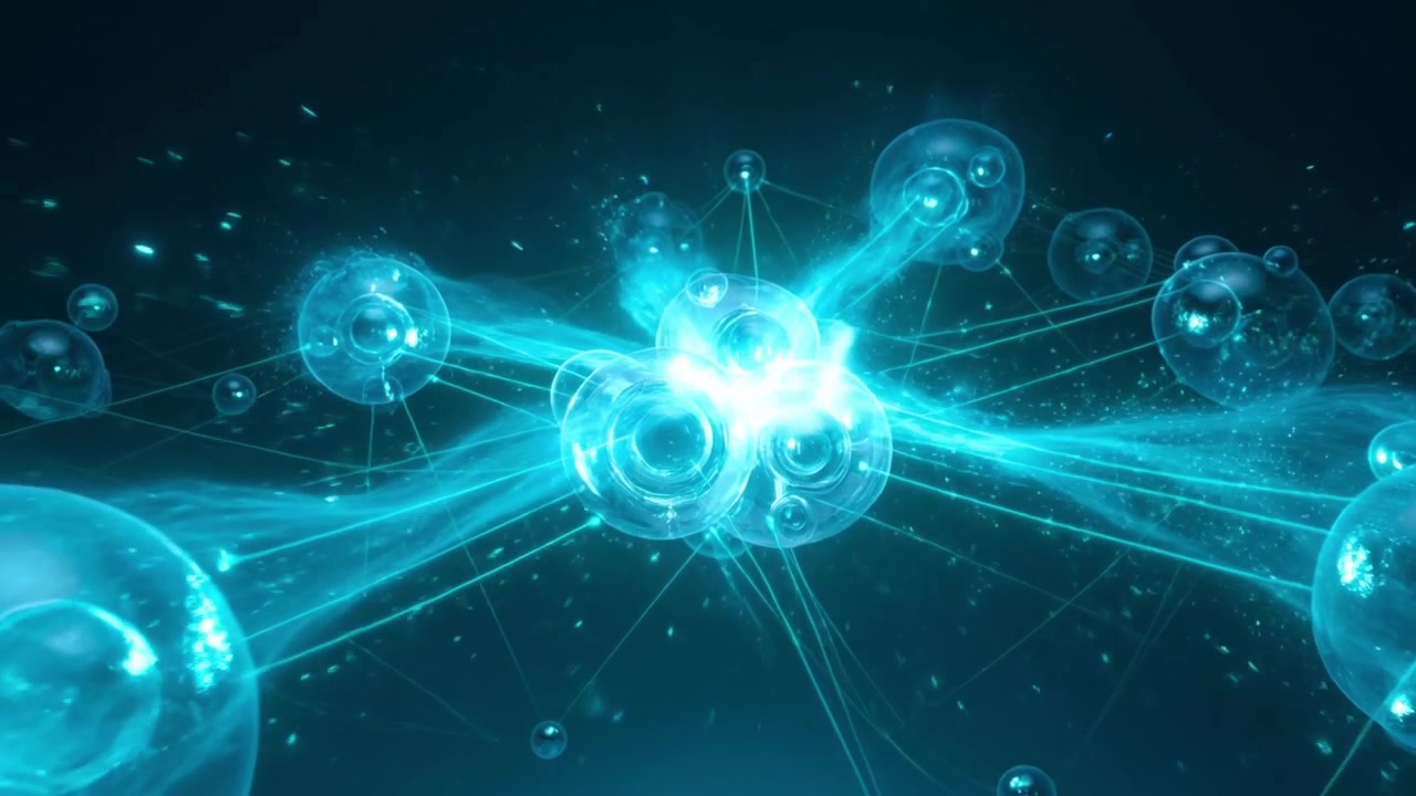 Abstract Network of Glowing Blue Spheres with Energy Connections