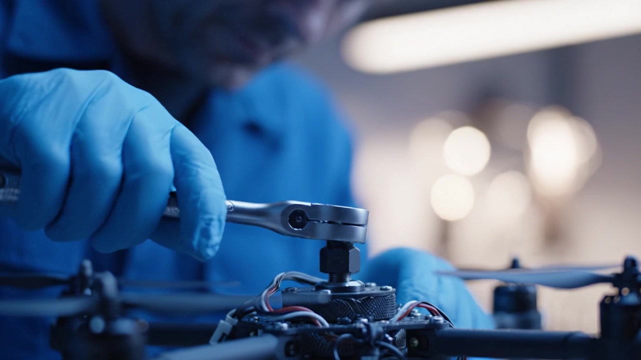 Técnico com Luvas Azuis Ajusta o Rotor de Drone com Precisão em Ambiente de Laboratório, Demonstrando o Processo Detalhado de Montagem e Manutenção de Tecnologia Avançada.