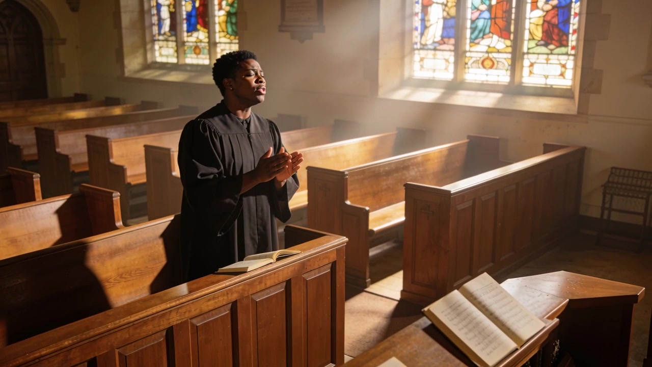 Reading adult man in black robe lifting voice at church, colored light on open-book guiding worship