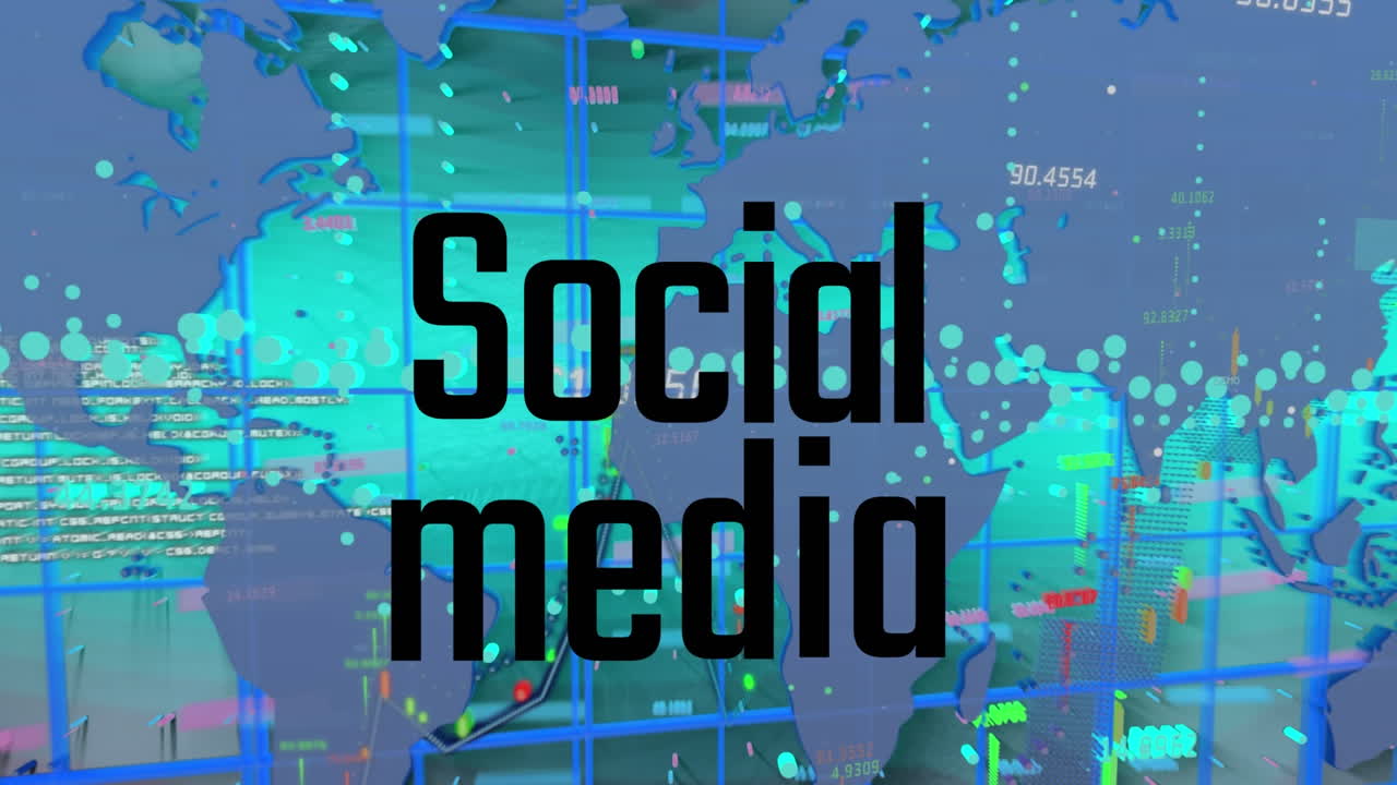 소셜 미디어 텍스트 배너의 애니메이션과 세계 지도에 대한 금융 데이터 처리