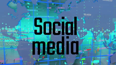 animation of social media text banner and financial data processing over world map