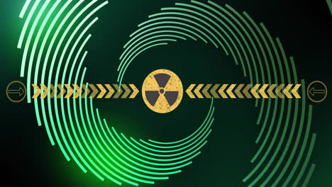 animation of arrows and ionizing radiation hazard symbol over spiral pattern in background