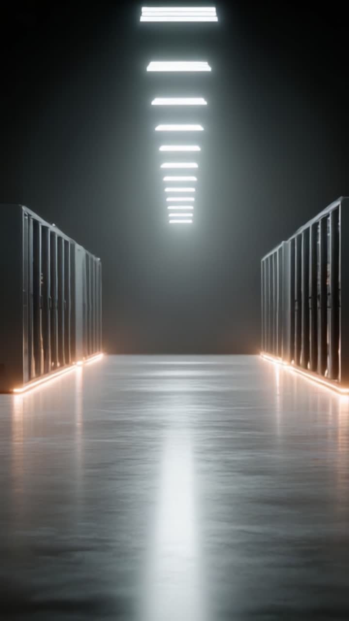 En svagt oplyst korridor med serverracks, oplyst af LED-lys, der skaber en uhyggelig, men moderne stemning i et datacenter-miljø.