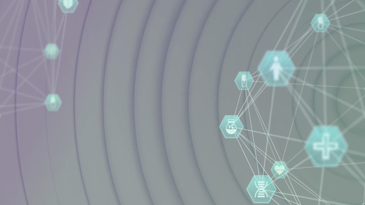 globo de iconos digitales contra círculos en movimiento sobre fondo blanco