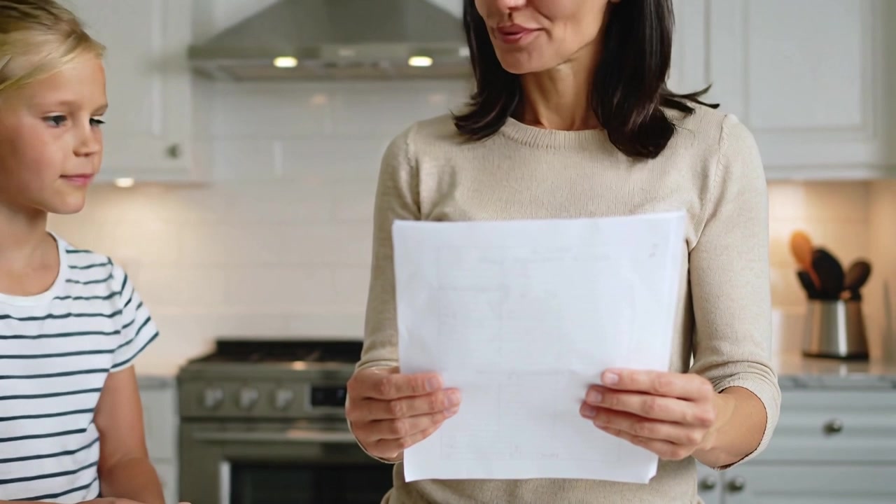 Mamma in maglione presenta un foglio piegato mentre la ragazza con maglietta a righe appare, e si danno il cinque in cucina