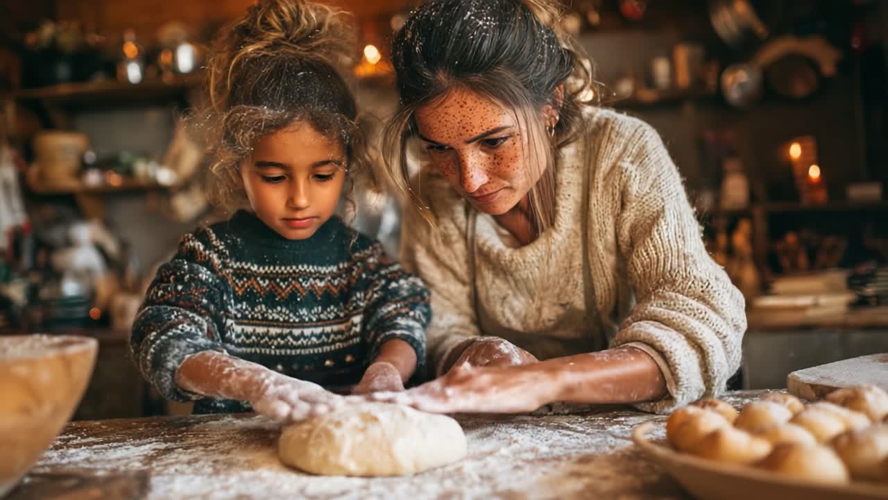 A Joyful Moment of Baking: A Child and Parent Creating Memories Together in a Rustic Kitchen, Embracing the Warmth of Flour and Family Bonding