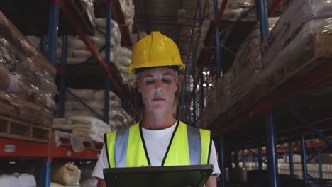 Female-warehouse-worker-patrolling-warehouse-corridor-at-night-4k