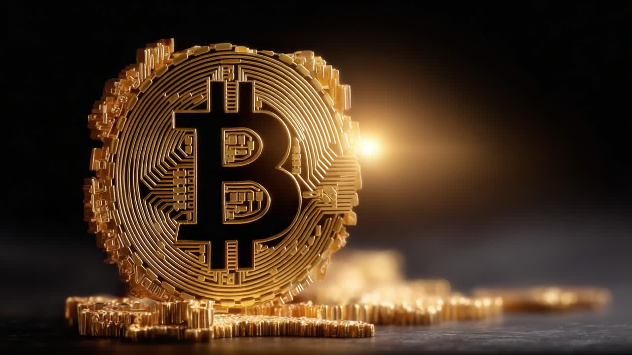 Stunning Close-Up of a Gold Bitcoin Coin Against a Dark Background, Highlighting the Intricate Details and Significance of Cryptocurrency in Modern Finance