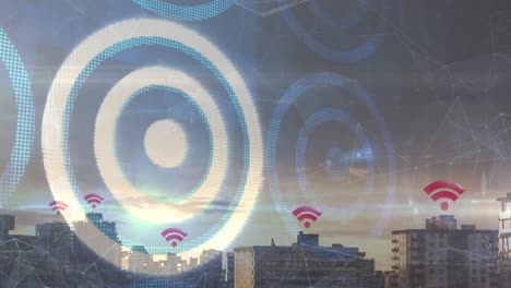 Animation-of-skyscrapers-with-wifi-symbols-and-blue-and-white-circles