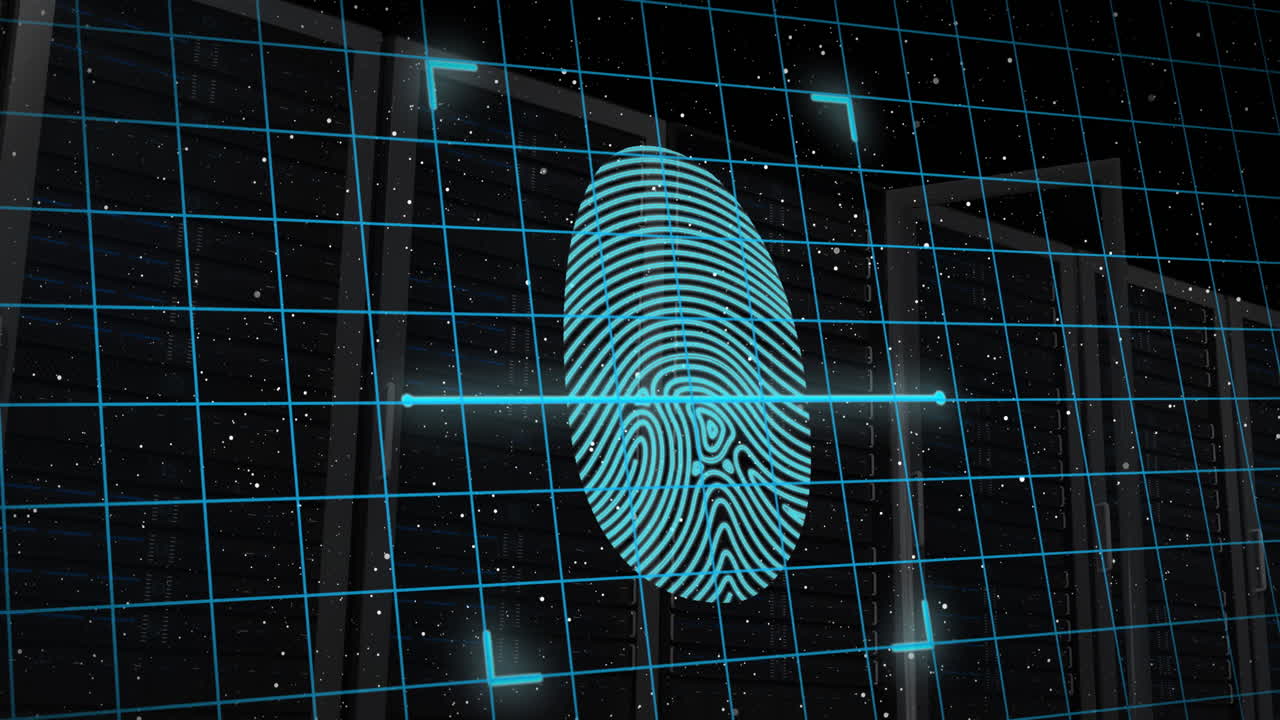 animación de la huella dactilar y el candado en el escudo con bastidores de servidores en el espacio en el fondo