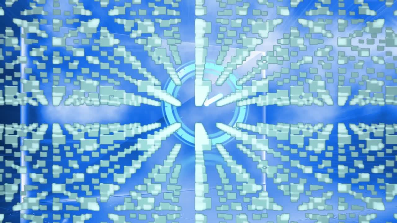 анимация замка с компьютерной платой и движущимися часами над небом