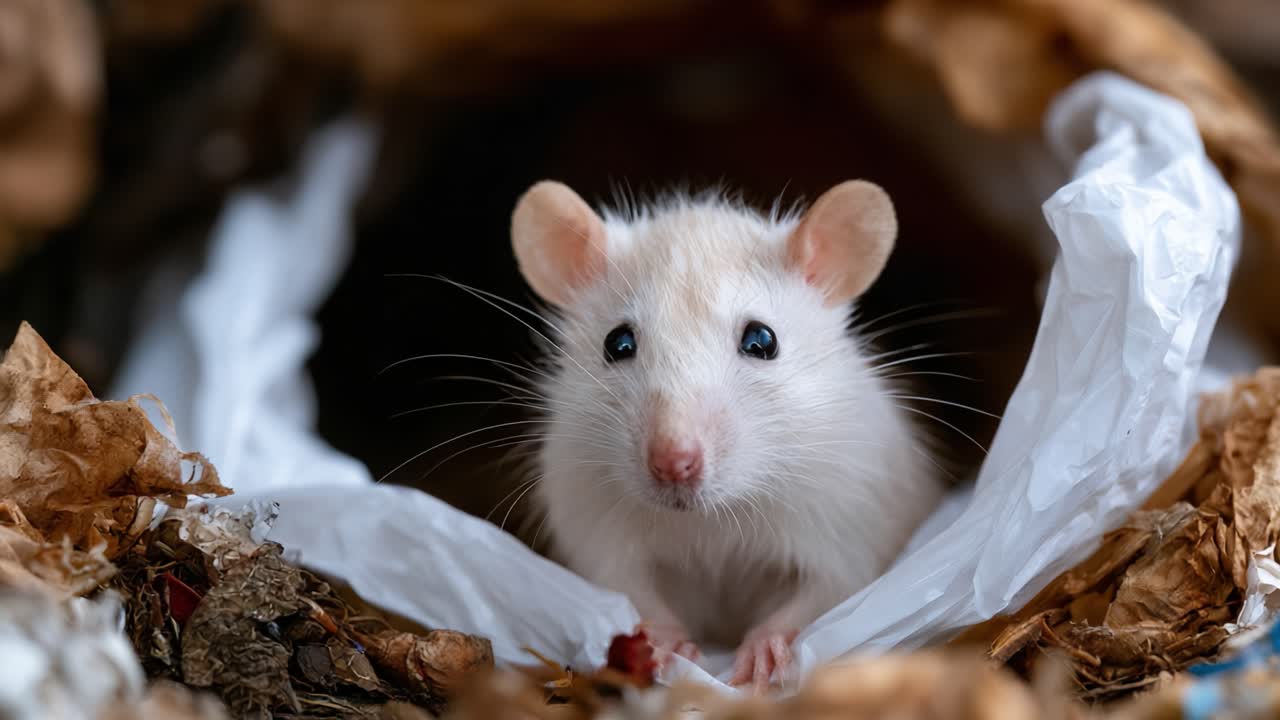 Un curioso topo bianco sbircia dal suo nido, circondato da carta accartocciata e detriti naturali, catturando l'essenza della natura e della fauna selvatica in un primo piano.