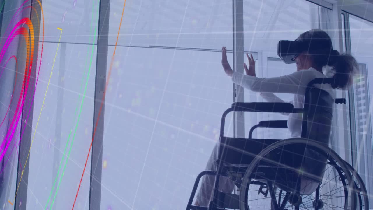 animación de formas sobre una mujer afroamericana discapacitada sentada en silla de ruedas usando auriculares vr
