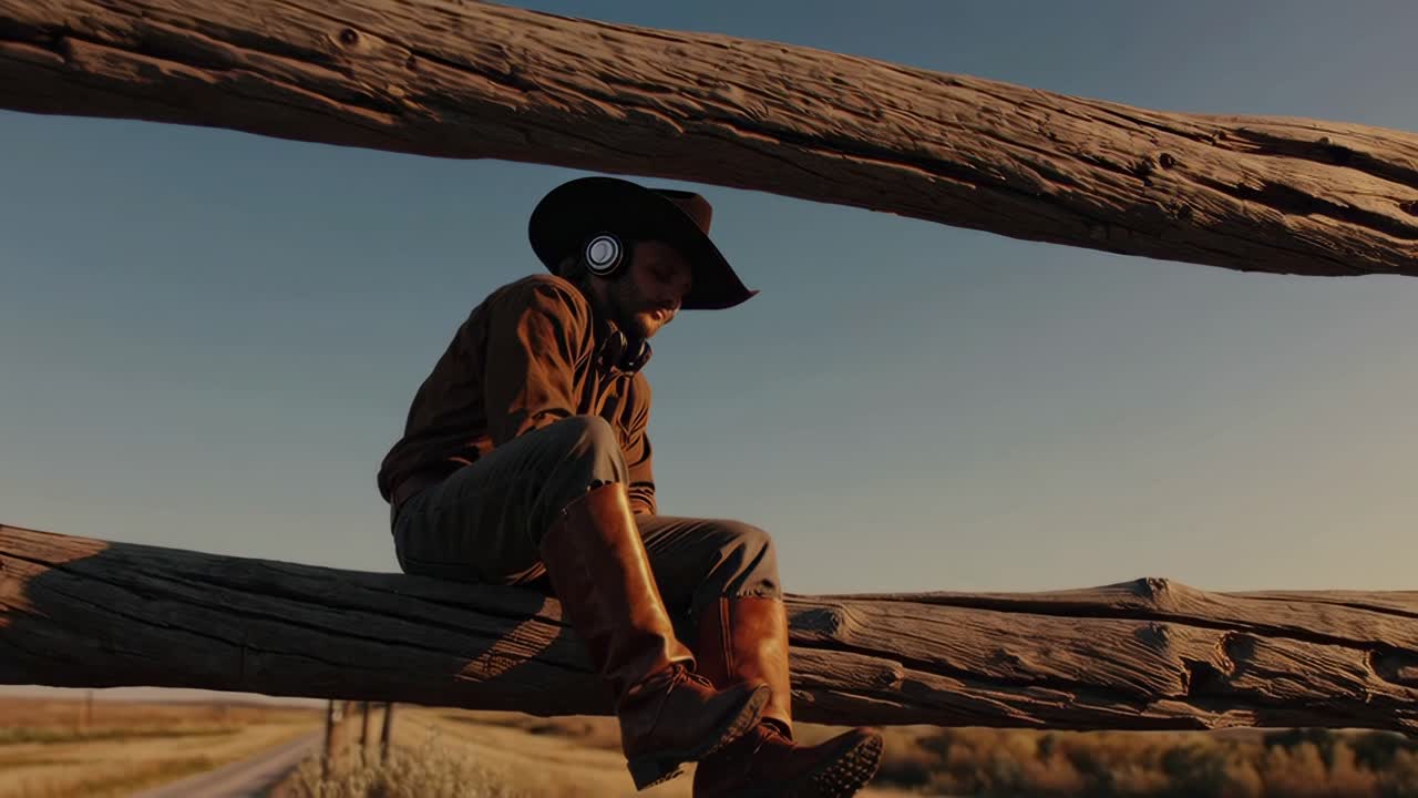 Cowboy Listening to Music on a Fence