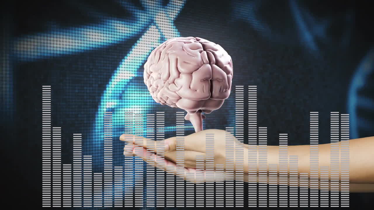 Hand holding brain with digital soundwave animation over DNA strand background