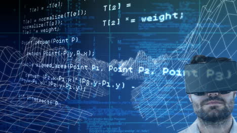 Animation of data processing over man wearing vr headset on sky with clouds