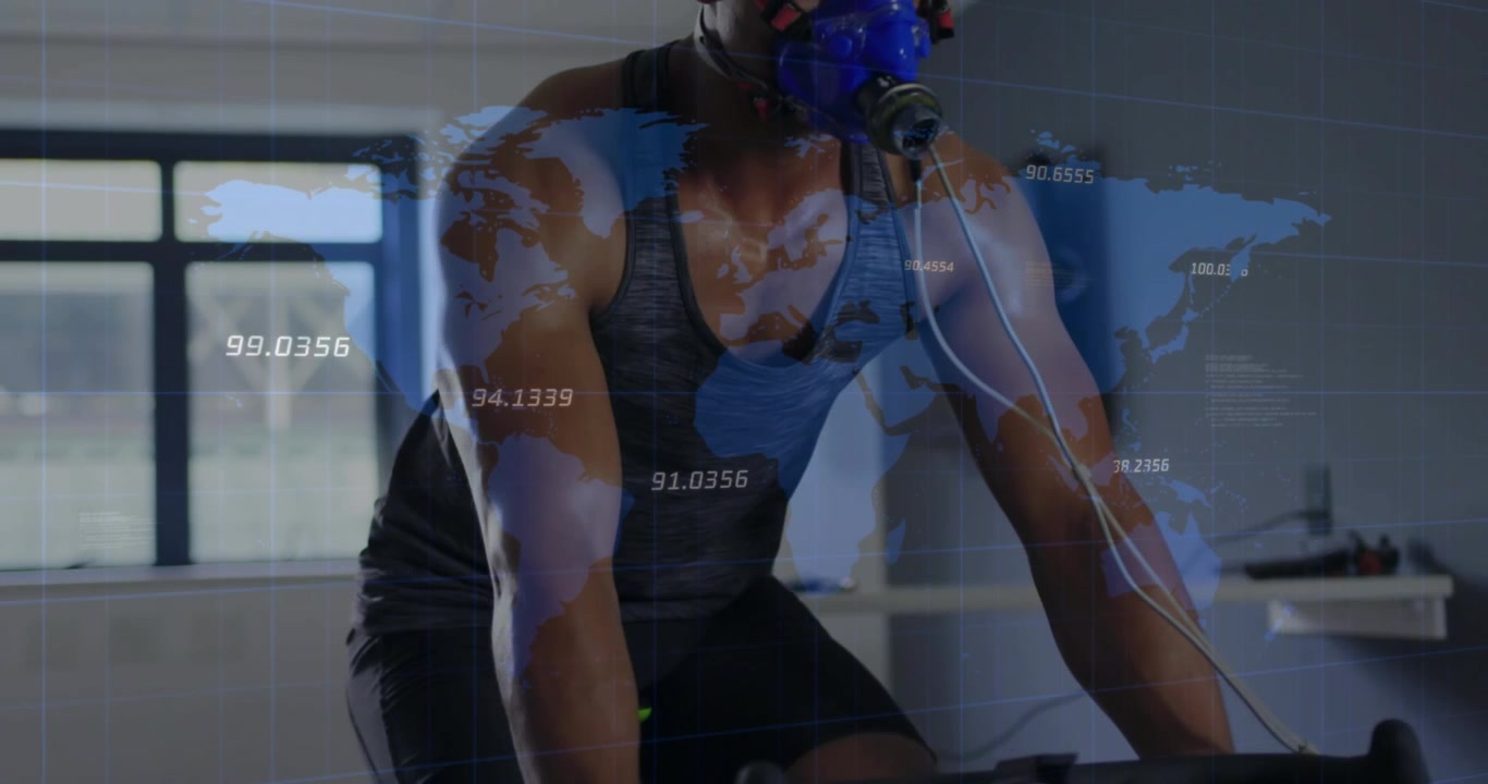 Vertical video: Man riding spinbike mask being secured map overlay tracking breath for fitness test