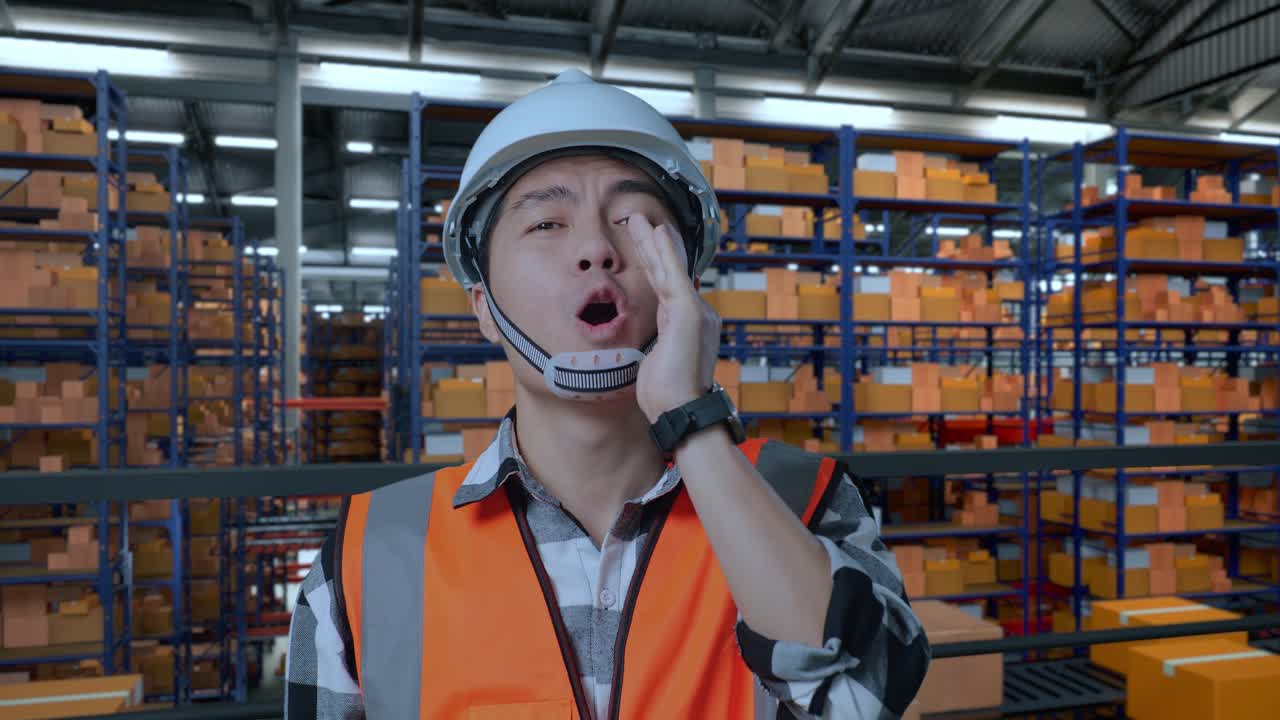 안전 헬을 입은 아시아 남성 엔지니어가 배달품으로 가득 찬 선반과 함께 창고에 서있는 동안 입 위에 손으로 소리를 지르고 있습니다.