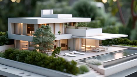 modern house model with pool and garden