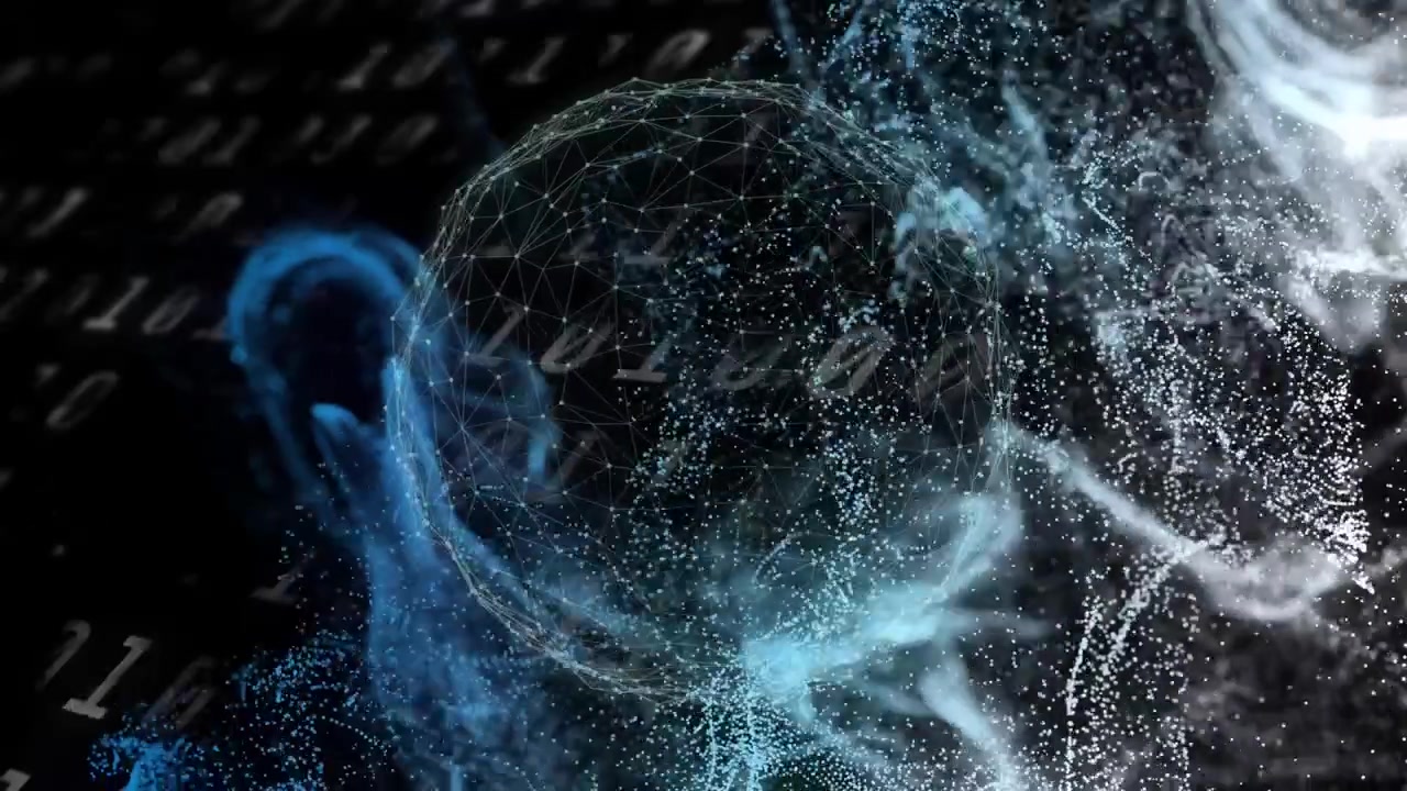 Blue ribbons initiating particles shifting while wireframe sphere rotating, visualizing data flow