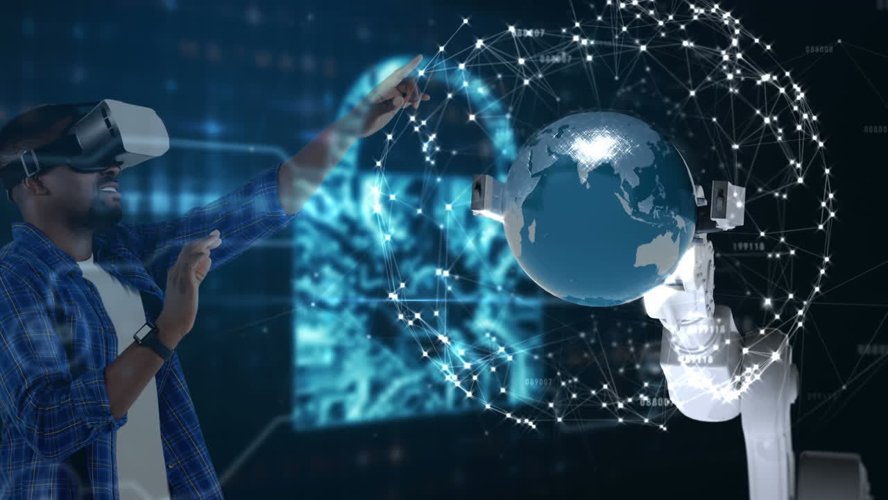 Using virtual reality headset, person interacting with digital globe and network connections