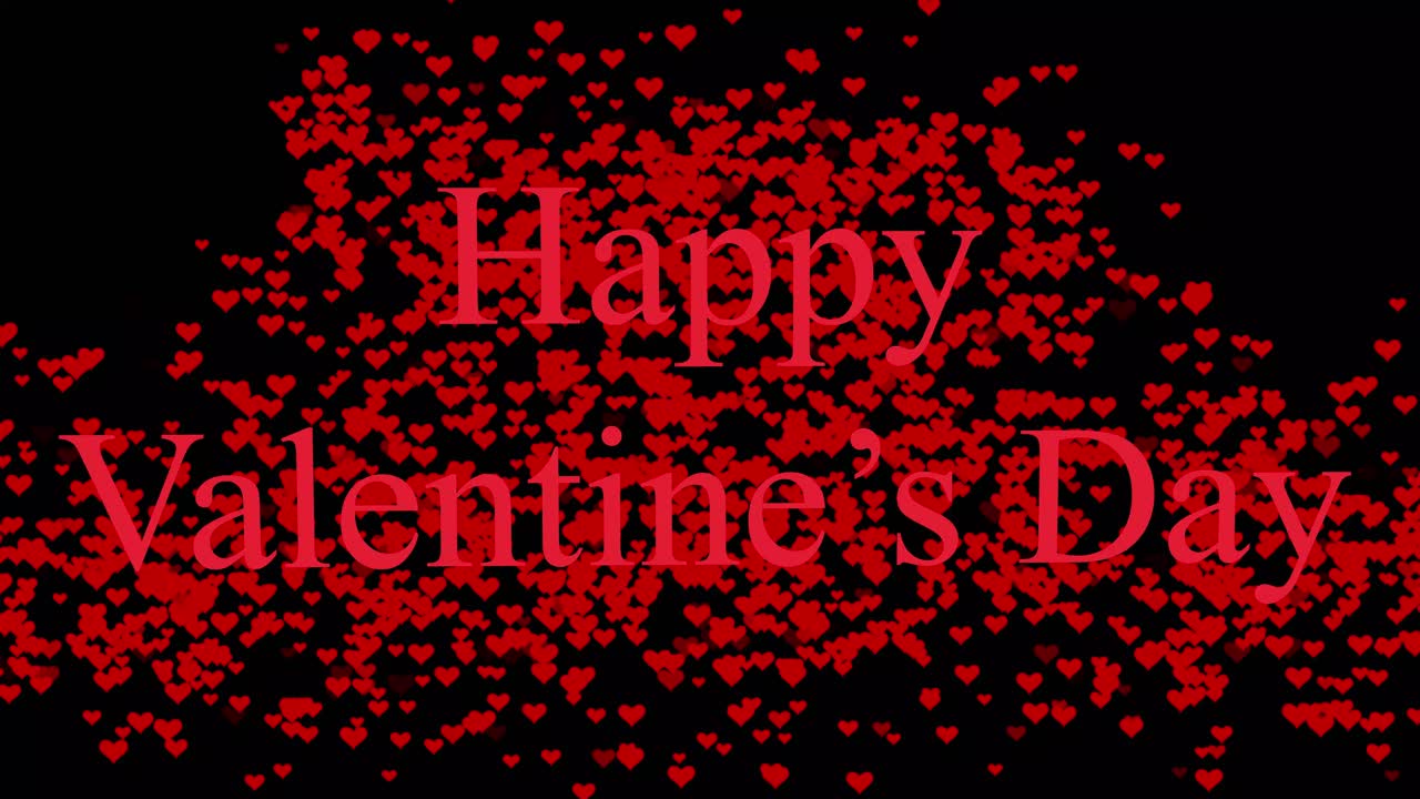 el saludo de texto del feliz día de san valentín es consumido por corazones de amor en este mensaje animado