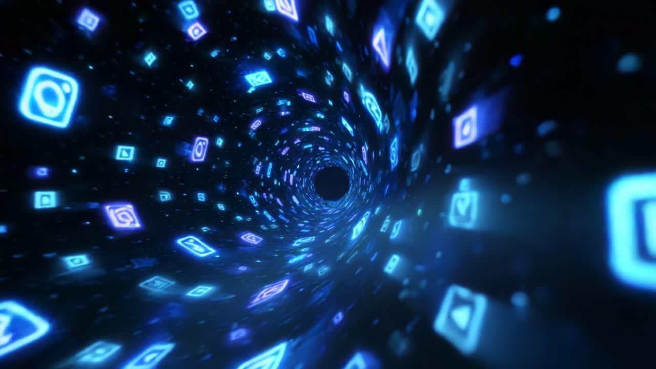 A Visual Journey Through a Futuristic Digital Tunnel, Featuring a Whirlwind of Illuminated Icons in Various Shapes and Sizes Spiraling Into an Infinite Abyss, Representing the Flow of Information and Connectivity