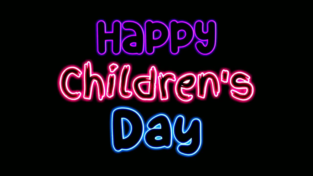 Happy children's day neon text animation motion graphics on black background