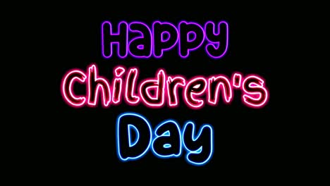 Happy-children's-day-neon-text-animation-motion-graphics-on-black-background