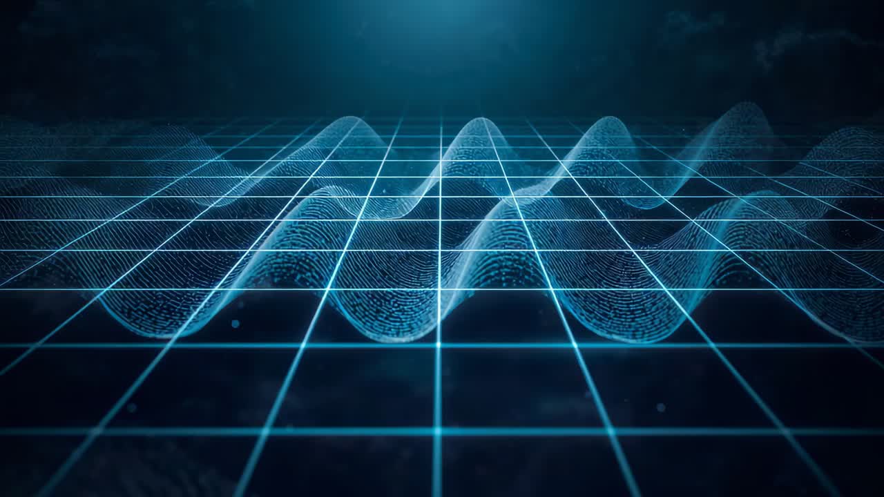 Undulating wireframe mesh moving forward on neon grid plane, camera dollying to create depth