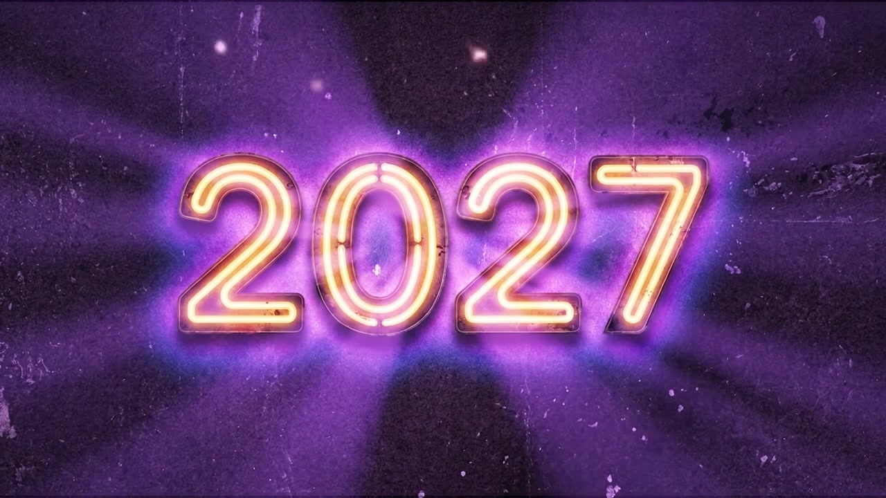 Insegna al neon luminosa 2027 su sfondo scuro testurizzato