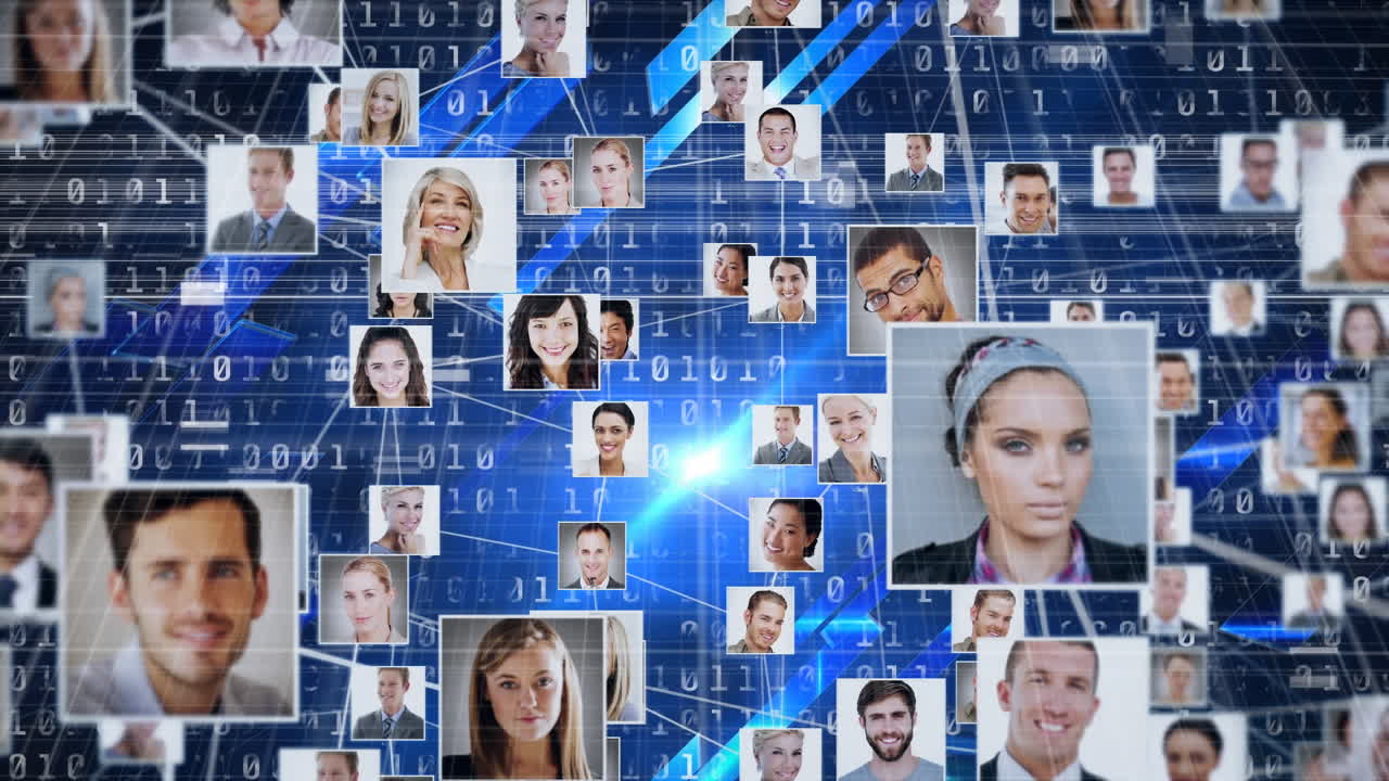 red de iconos de perfil contra el procesamiento de datos de codificación binaria en fondo azul