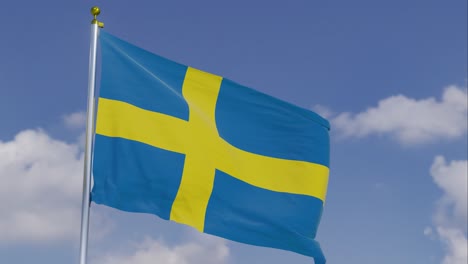 Flag-Of-Sweden-Moving-In-The-Wind-With-A-Clear-Blue-Sky-In-The-Background,-Clouds-Slowly-Moving,-Flagpole,-Slow-Motion