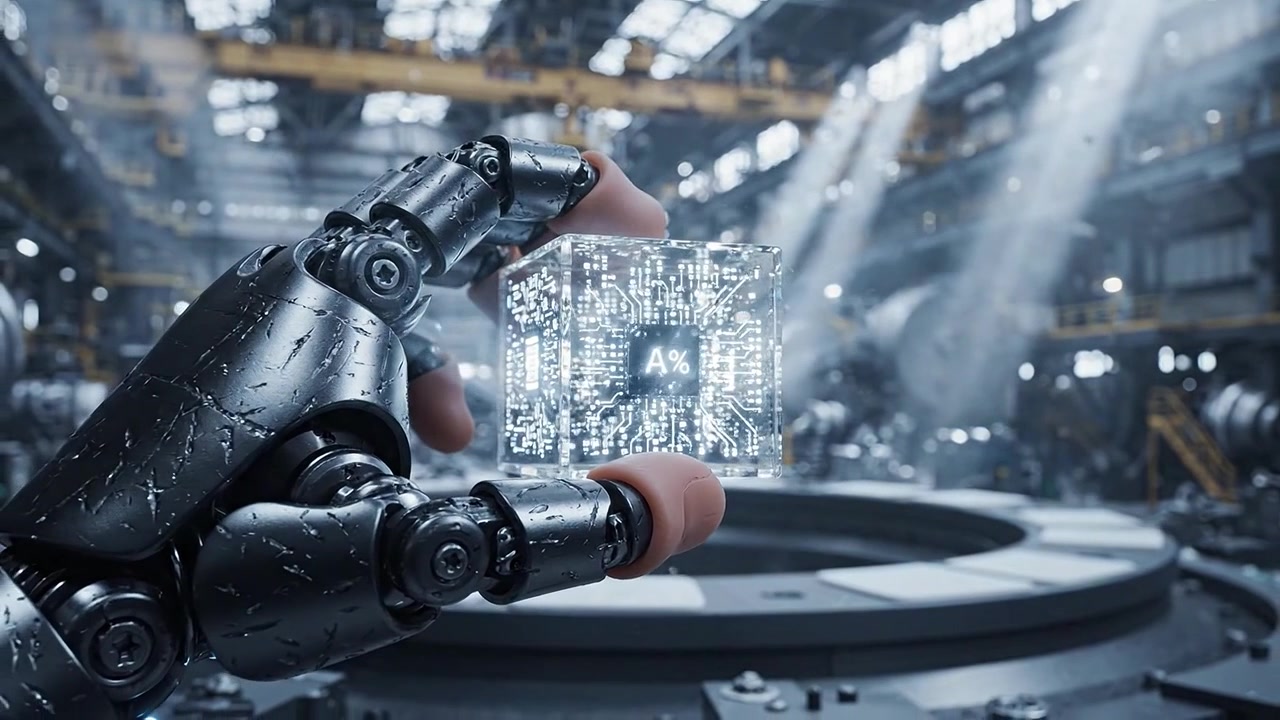 Robotyczna dłoń prezentuje złożoną płytkę drukowaną w futurystycznym otoczeniu przemysłowym, podkreślając postępy w technologii i procesach automatyzacji