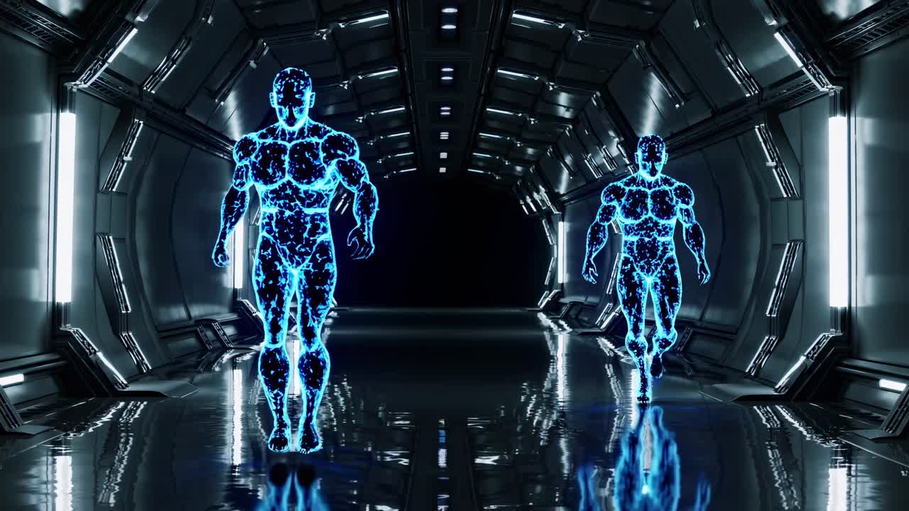 Digital silhouettes merging through gleaming metallic passageway, revealing cybernetic landscape symbolizing advanced technological interconnectedness and virtual realm