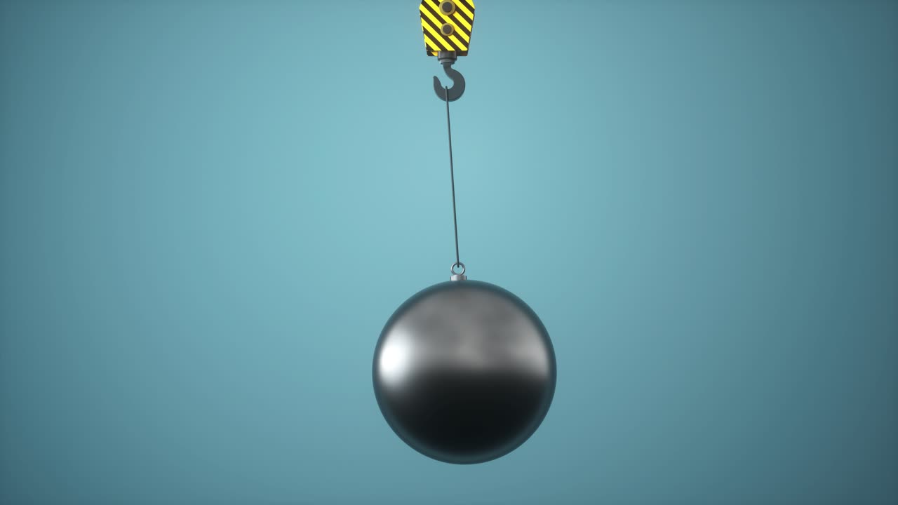파란색 배경의 흔들리는 공, 무게와 갈고리, 3d 렌더링.